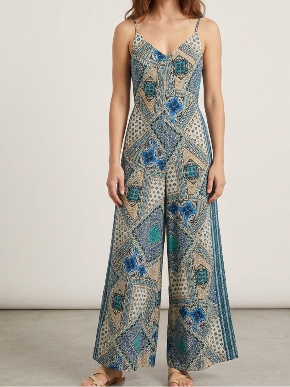 Women’s Boho Spaghetti-Strap Jumpsuit in Teal and Cream